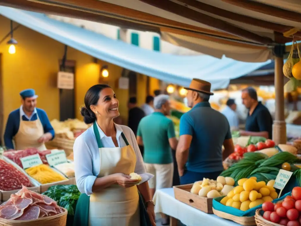 Un mercado tradicional bullicioso en el sur de Italia con puestos coloridos rebosantes de productos frescos, quesos locales, embutidos y pasta casera