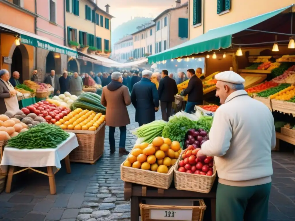 Mercado tradicional en el norte de Italia con bulliciosos puestos de productos frescos, flores y delicias locales