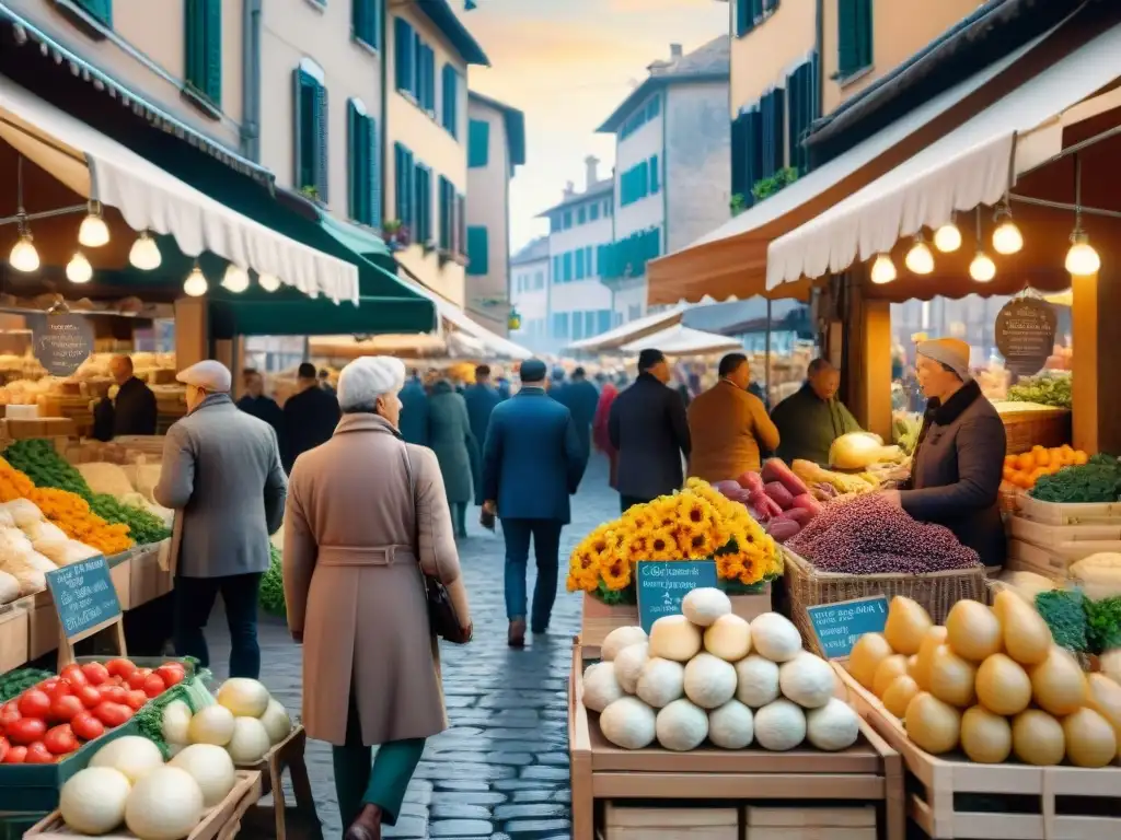 Mercado tradicional en el norte de Italia con coloridas paradas de productos frescos, quesos artesanales y vinos locales