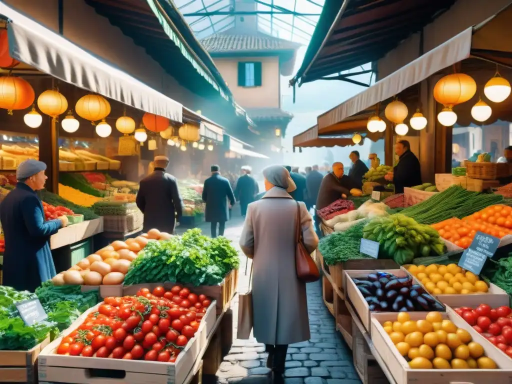 Mercado tradicional en el norte de Italia: puestos coloridos rebosantes de productos frescos, interacciones animadas y arquitectura histórica de fondo