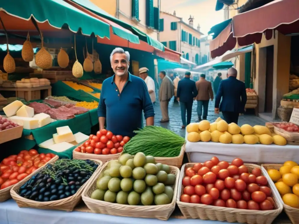 Vivid mercado tradicional en el sur de Italia: productos frescos, quesos locales, carnes curadas y ambiente cultural