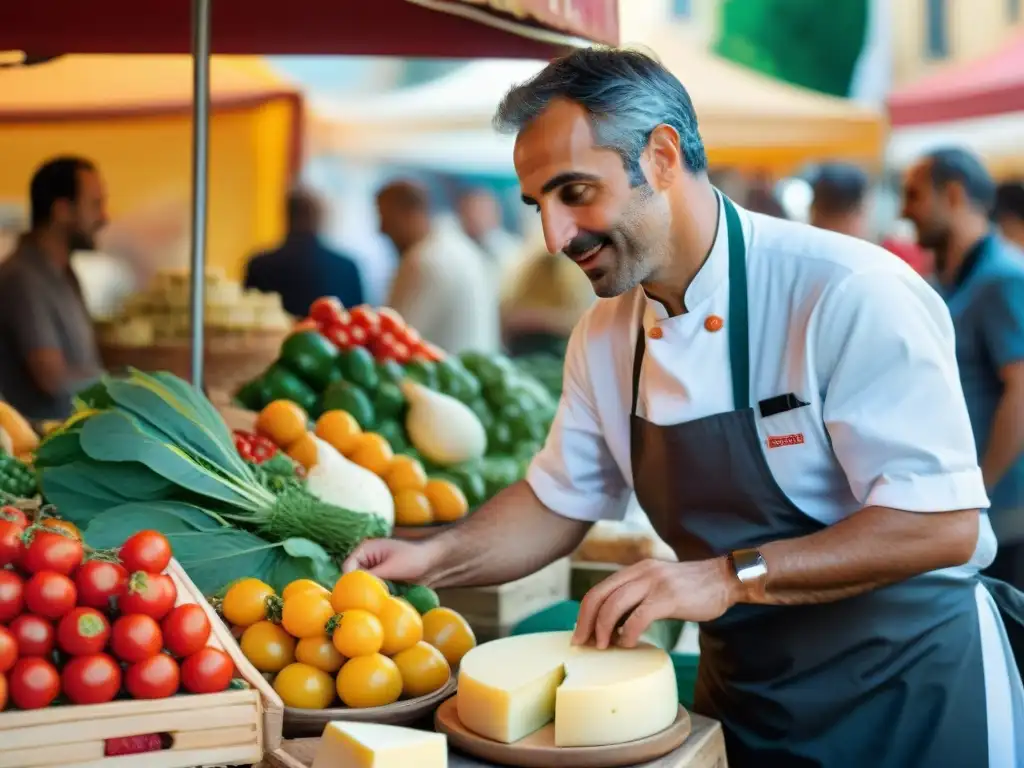 Mercado tradicional en Italia: vendedores animados y productos frescos, capturando la esencia de la cocina italiana