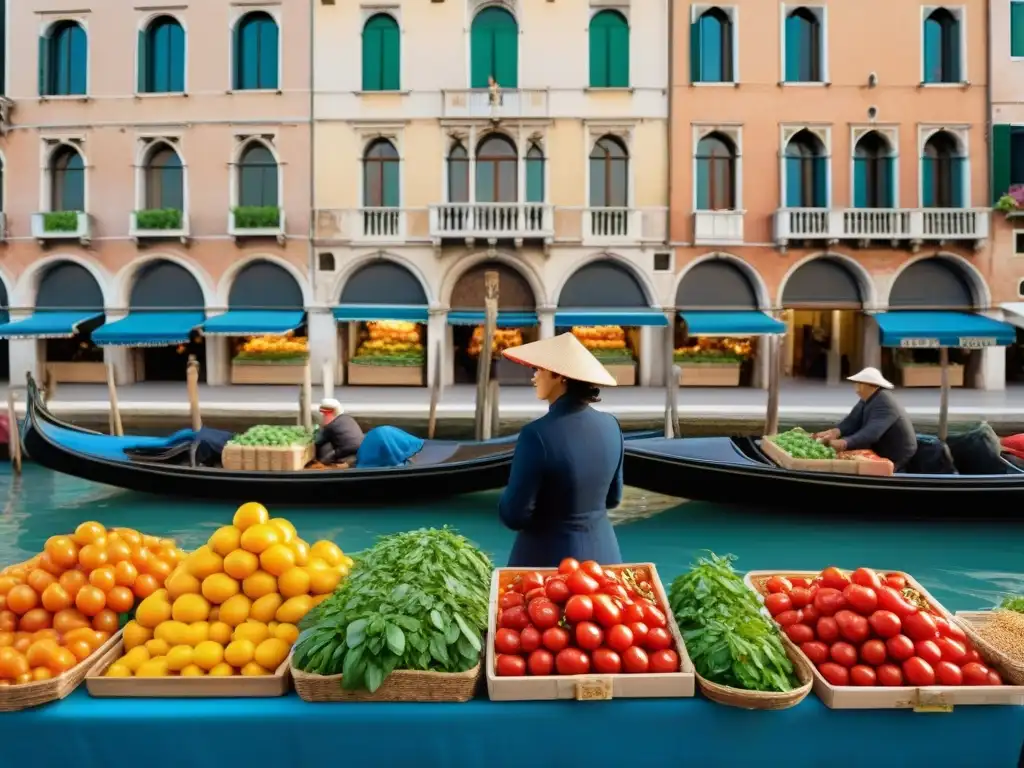 Un mercado tradicional veneciano rebosante de vida y color, con platos típicos de la cocina italiana y delicias locales