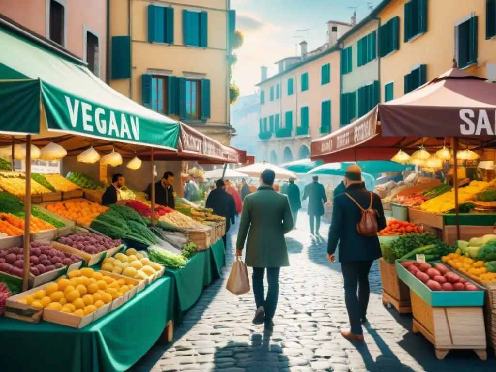 Mercado vegano en Italia: colores, sabores y pasión vegana Un mercado vegano al aire libre en Italia con coloridos puestos de frutas, verduras y delicias veganas caseras