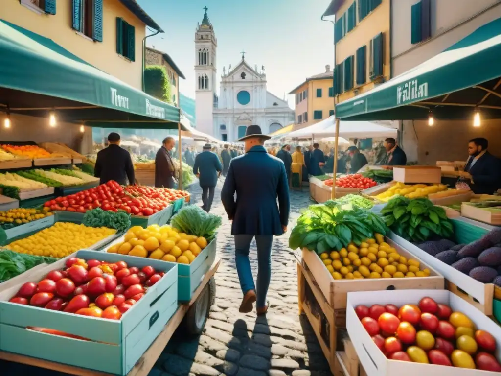 Un mercado agrícola vibrante en Italia: coloridas paradas rebosantes de productos frescos, conversaciones animadas y energía urbana