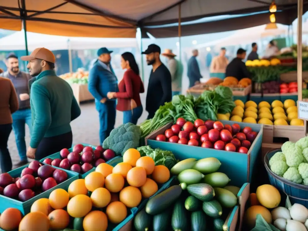 Un mercado agrícola vibrante con frutas y verduras orgánicas coloridas, vendedores y compradores en conversaciones animadas