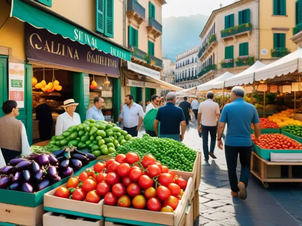 Un mercado vibrante en Palermo, Sicilia, con influencia española en caponata siciliana