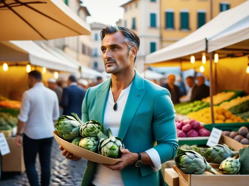 Un mercado vibrante en Roma lleno de alcachofas frescas, vendedores compartiendo beneficios alcachofas a la romana