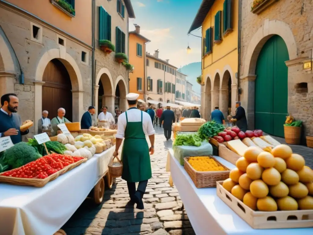 Mercado agrícola vibrante en Italia con productos frescos y coloridos, quesos y panes caseros