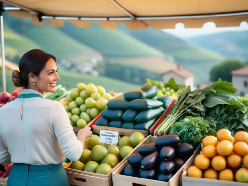 Mercado agrícola vibrante en Italia, con productos locales y paisajes rurales