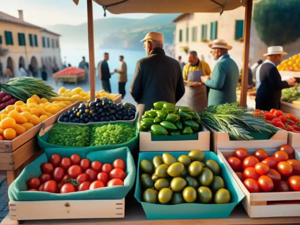 Mercado agrícola vibrante en Italia del sur: colorida escena mediterránea Mercado vibrante en el sur de Italia con ingredientes frescos típicos de la Dieta Mediterránea