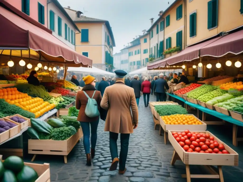 Mercado vibrante en Italia con tendencias cocina vegana italiana: frutas y verduras locales, ambiente auténtico y diversidad de personas