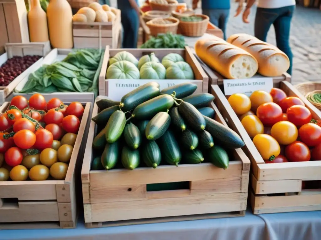 Un mercado vibrante en la Toscana con ingredientes frescos para Ensalada Panzanella receta verano