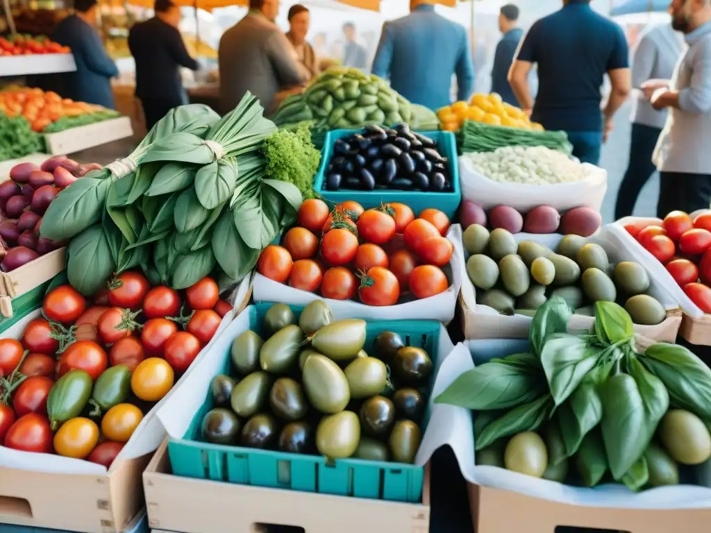 Un mercado vibrante en Italia con verduras mediterráneas y vendedores locales, reflejando la cocina vegana italiana y la dieta mediterránea