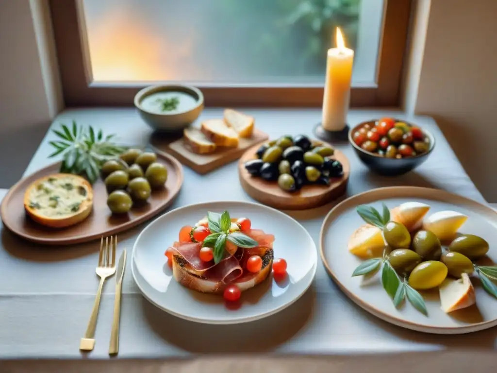 Una mesa de aperitivo italiano degustación privada, con bruschettas, aceitunas, queso y embutidos, decorada elegantemente