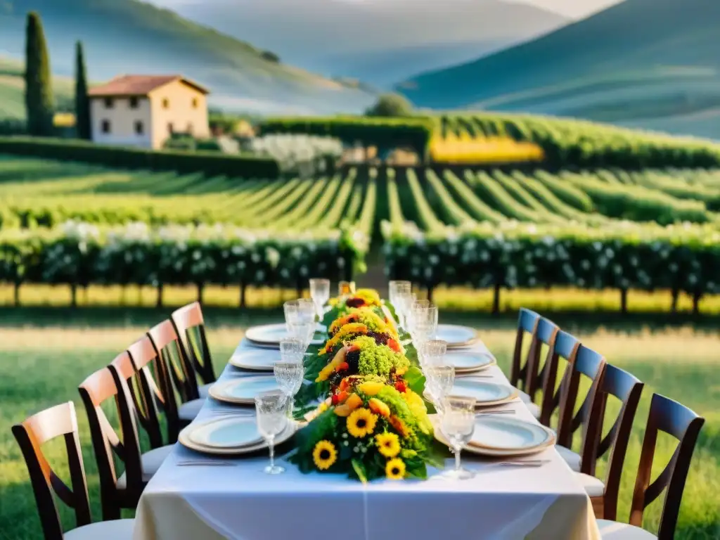 Mesa de banquete para boda decorada con Catering italiano para bodas en viñedos bajo el sol italiano