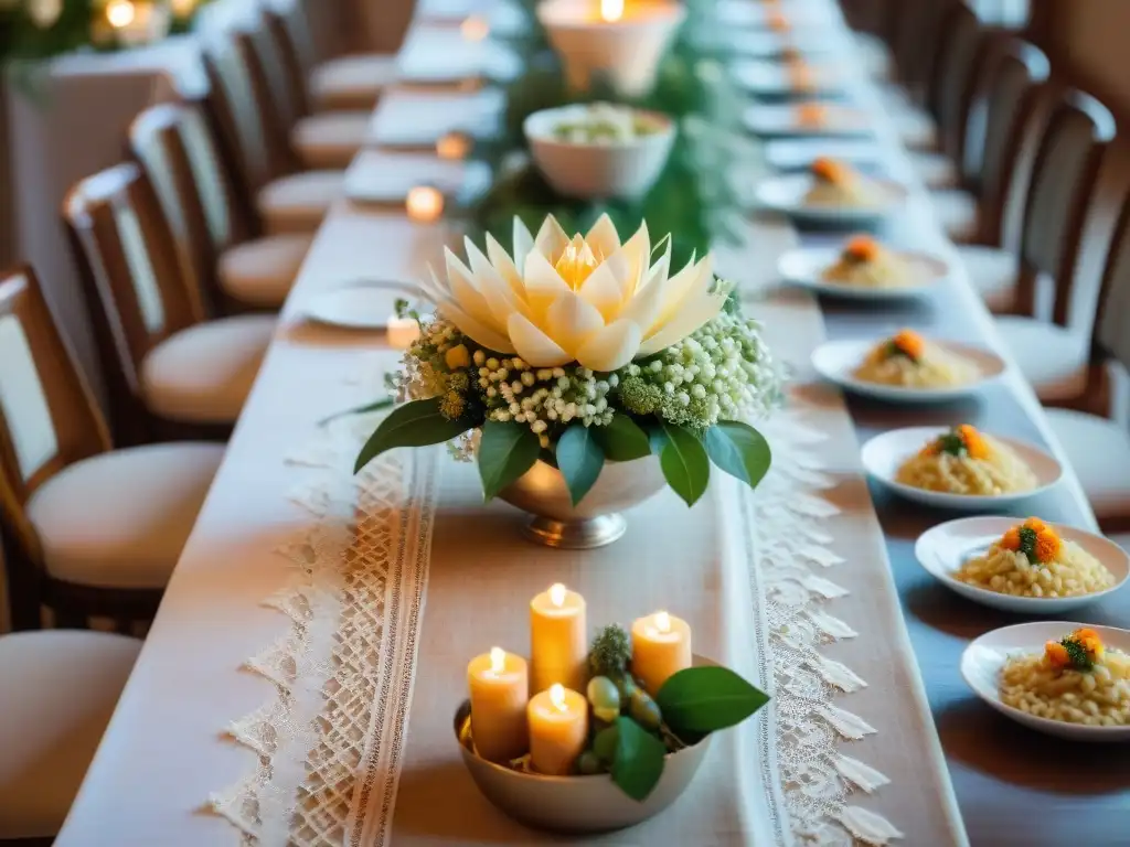 Una mesa de banquete de boda italiana tradicional, repleta de deliciosos platos y decoraciones elegantes