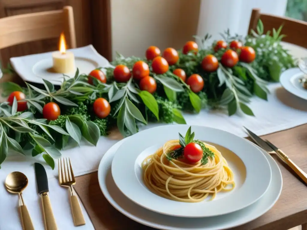 Una mesa de banquete de boda italiana elegante decorada con ramas de olivo, hierbas aromáticas y tomates rojos