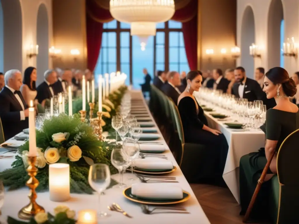 Una mesa de banquete lujosamente decorada con vajilla italiana, cristalería y cubertería de plata