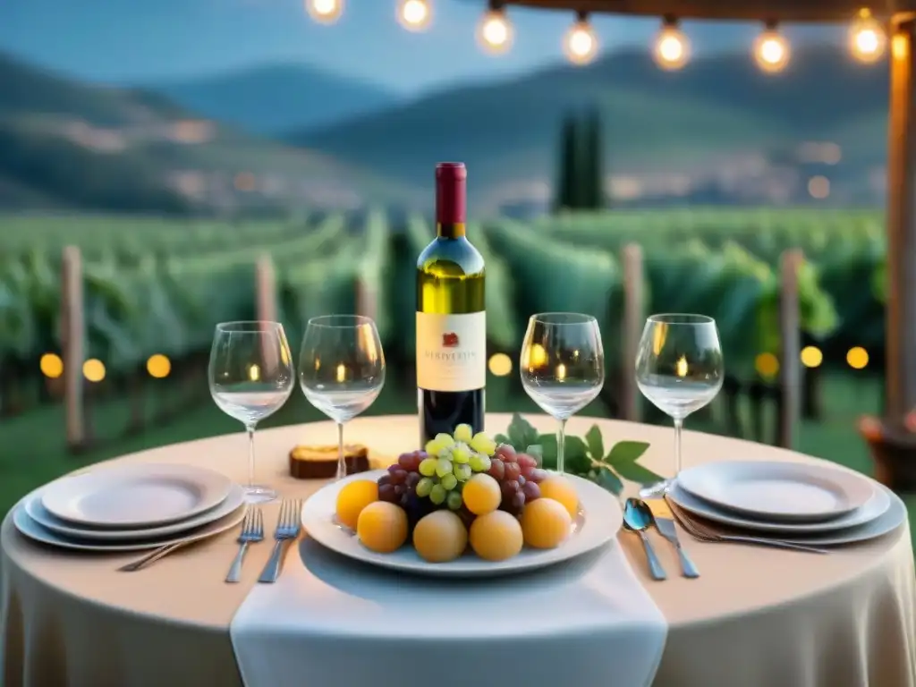 Una mesa de boda elegante con vinos italianos en un jardín romántico iluminado por luces de hadas