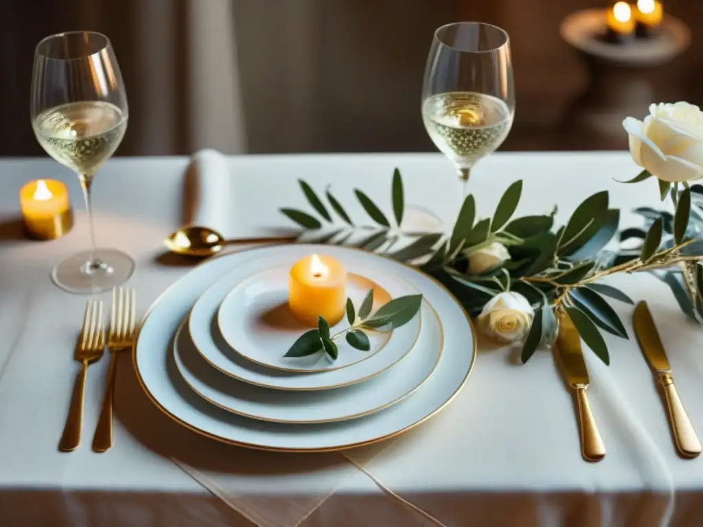 Boda italiana: mesa elegante con olivos, rosas blancas y cubiertos dorados Decoración de mesa de boda estilo italiano con olivos, rosas blancas y cubiertos dorados