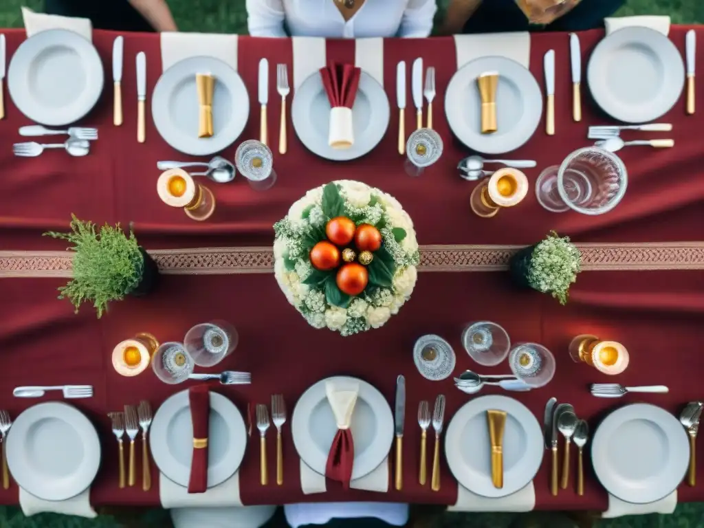 Una mesa de boda italiana elegante y detallada, con manjares tradicionales rodeada de invitados vestidos con elegancia