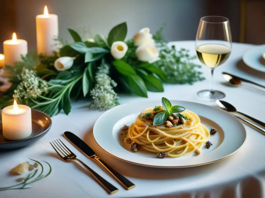 Una mesa de boda italiana con platos clásicos y vino, evocando elegancia y excelencia culinaria