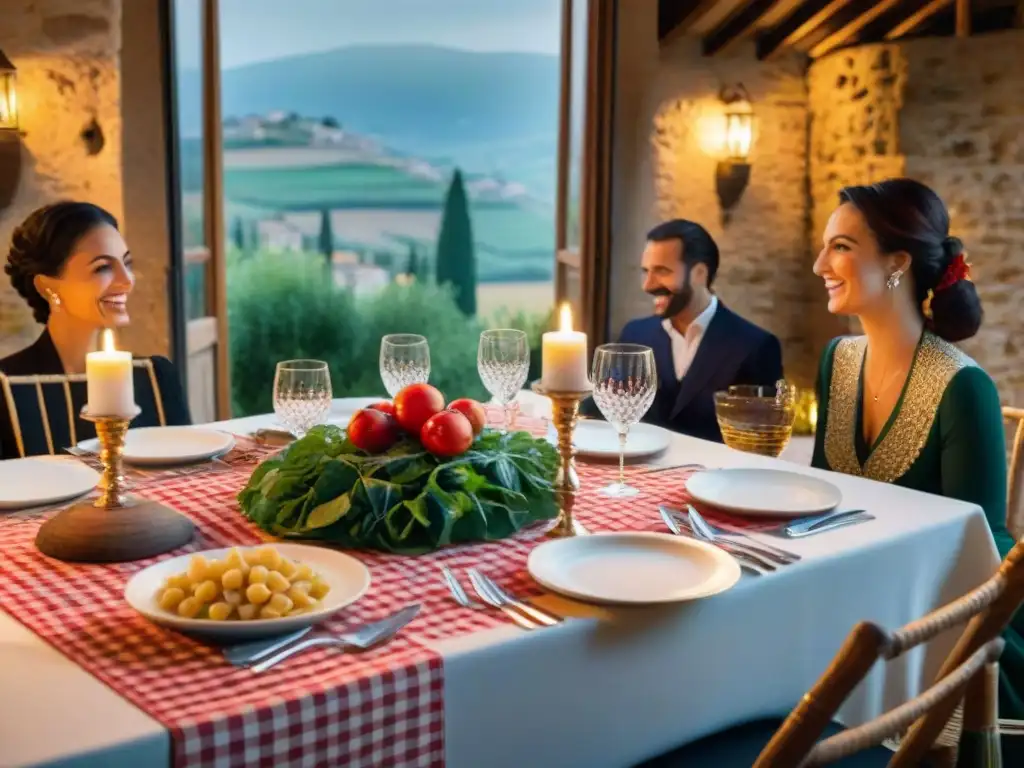 Una mesa de cena elegante en el campo italiano con música en vivo, platos de pasta y velas