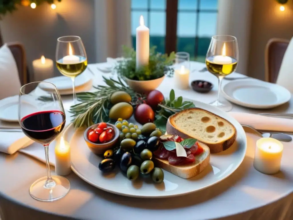 Una mesa de cena elegante con vajilla fina, vino tinto y velas, rodeada de antipasti y luces de hadas