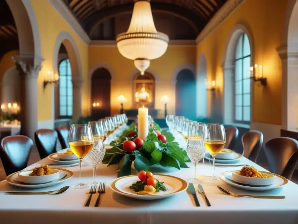 Una mesa de cena histórica en Italia con platos exquisitos y elegantes comensales animados bajo candelabros brillantes