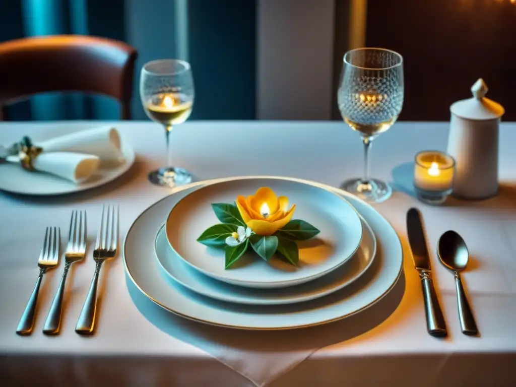 Una mesa de cena lujosa en restaurante italiano con vajillas y cuberterías exclusivas