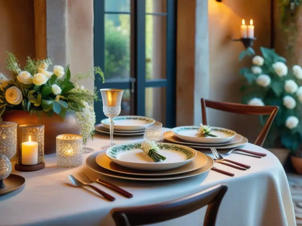 Una mesa de cena lujosa con vajilla italiana para impresionar, en una villa toscana al atardecer