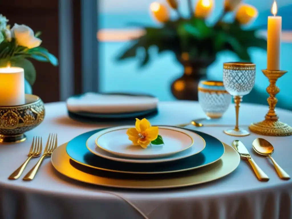 Una mesa de cena lujosa con vajilla italiana de lujo, cristalería elegante y cubiertos de plata