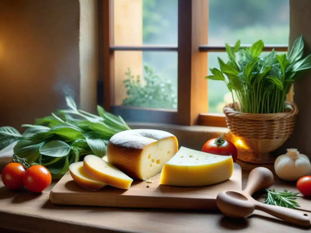 Una mesa de cocina italiana con Scamorza ahumada en distintas formas, rodeada de hierbas frescas y tomates maduros