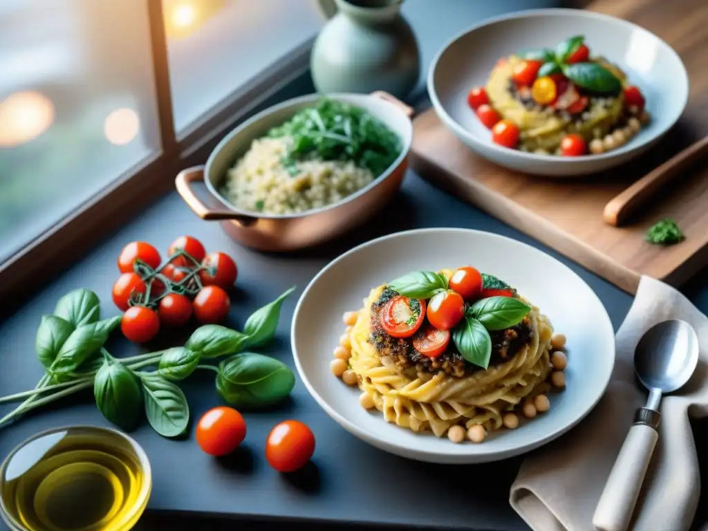 Mesa de cocina italiana con platillos veganos: risotto de champiñones, bruschetta, parmesano de berenjena y pasta de garbanzos en salsa marinara