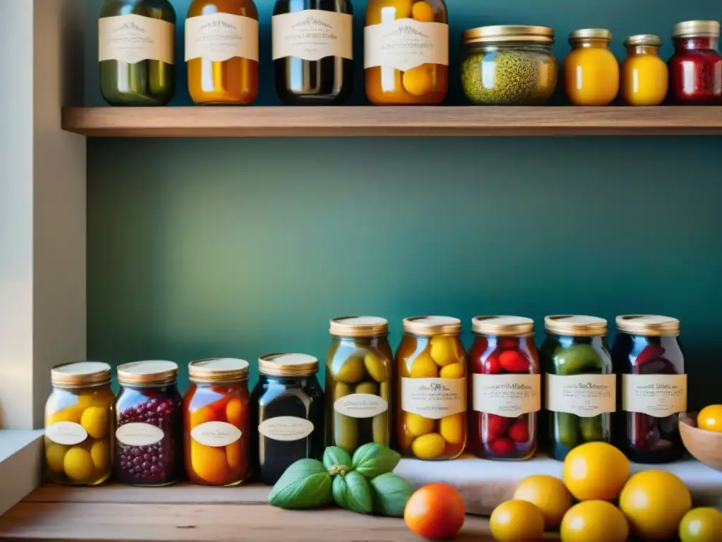 Una mesa de cocina italiana rústica llena de conservas caseras en tarros de vidrio coloridos, evocando la artesanía culinaria tradicional