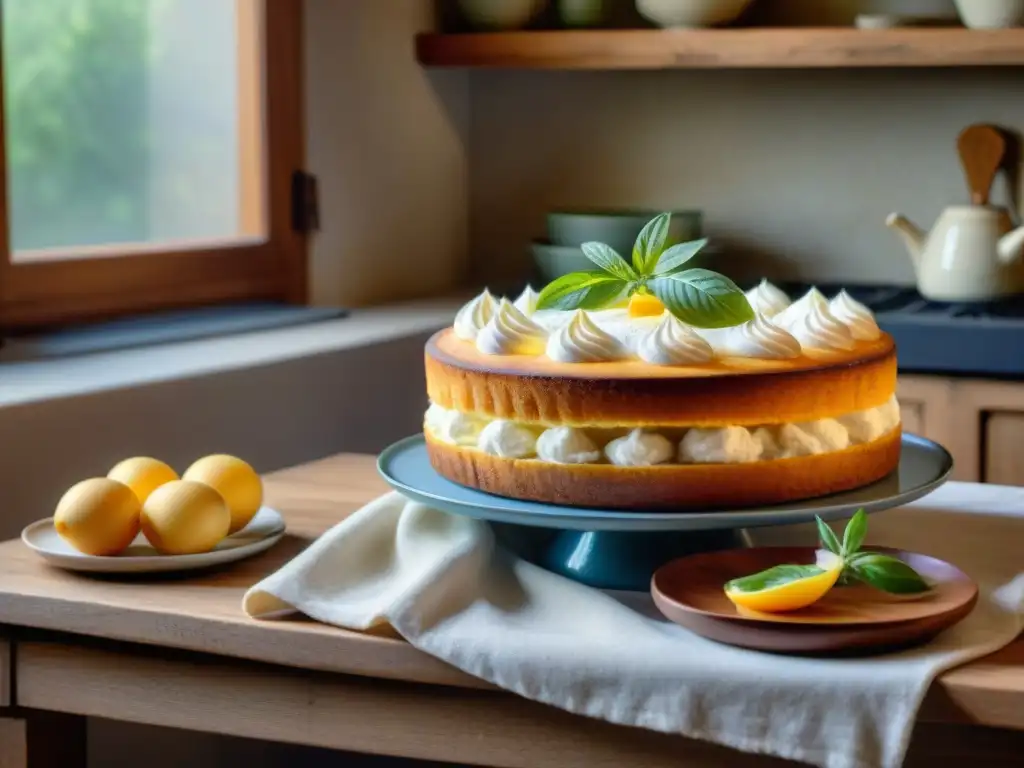 Una mesa de cocina italiana con Torta di Ricotta receta fácil como pieza central, platos vintage y flores frescas en un hogar acogedor