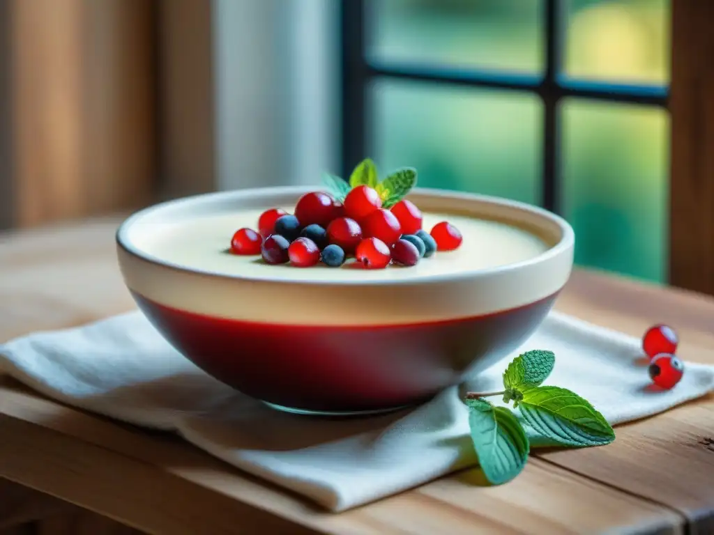 Una mesa de cocina italiana tradicional con panna cotta casera y frutos rojos