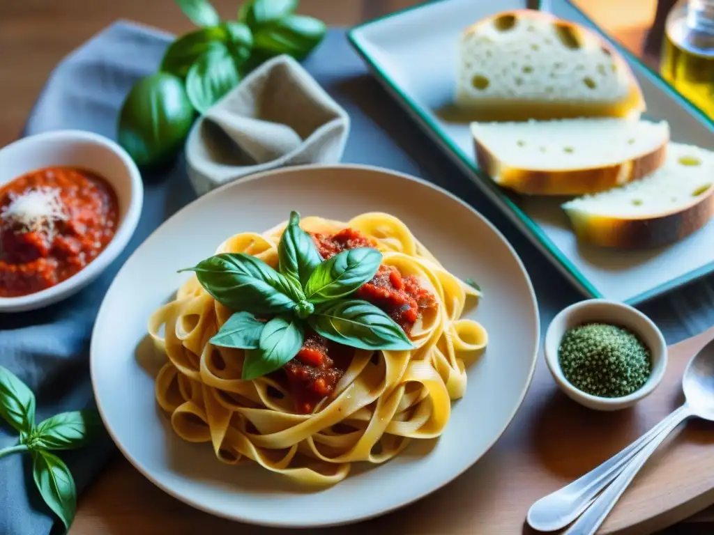 Una mesa de cocina italiana tradicional con platos vibrantes evocando calidez y tradición