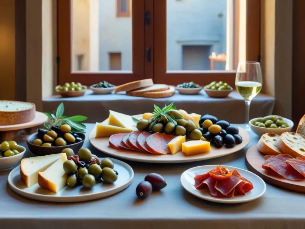 Una mesa de cocina italiana con antipasti vibrantes: quesos, embutidos, aceitunas, tomates secos, vegetales a la parrilla y pan recién horneado