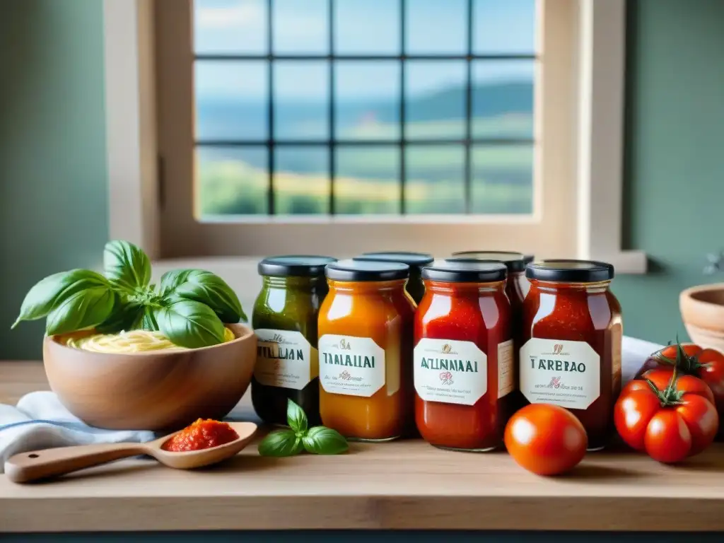 Una mesa de cocina rústica adornada con una variedad de salsas italianas tradicionales y modernas en frascos de vidrio y cuencos