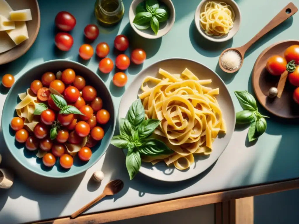 Una mesa de cocina rústica con ingredientes frescos de la comida italiana tradicional recetas, bañada por la luz del sol