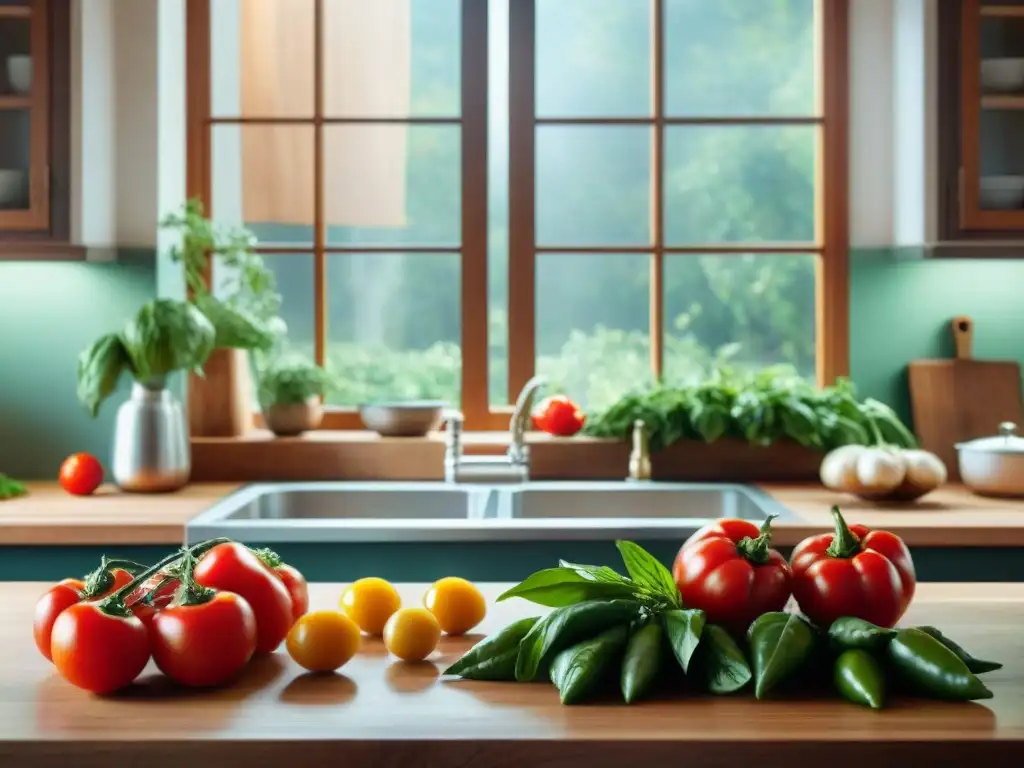 Una mesa de cocina rústica con ingredientes frescos y utensilios vintage iluminados por la luz natural