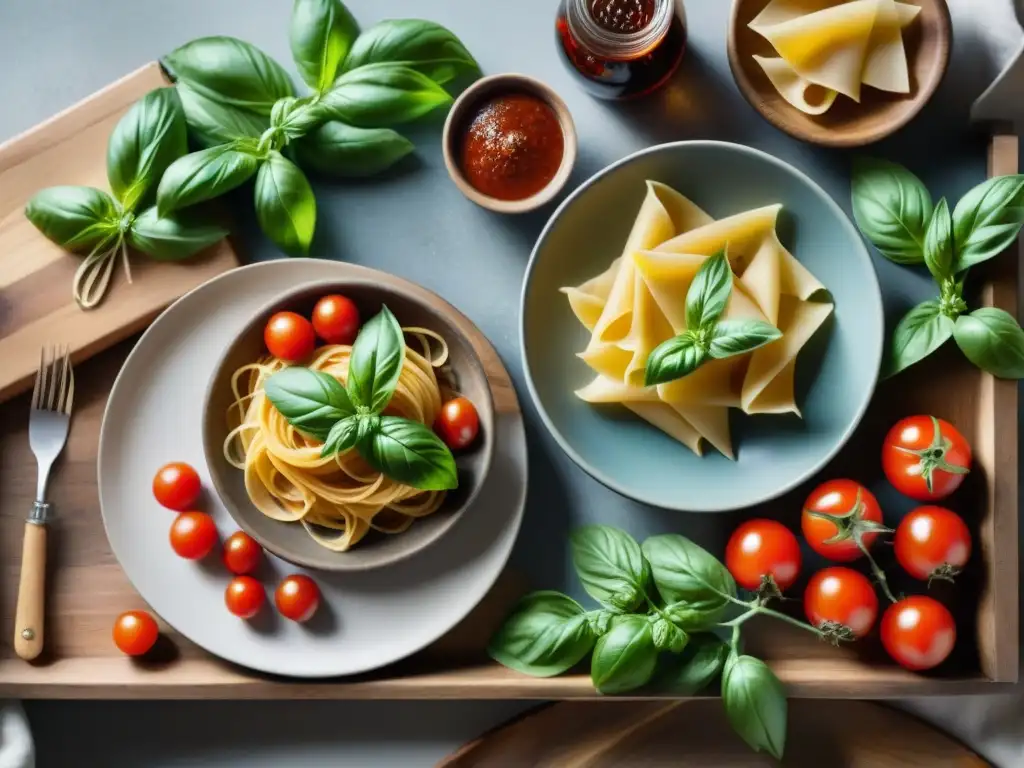 Una mesa de cocina rústica con ingredientes italianos auténticos bañados en cálida luz natural