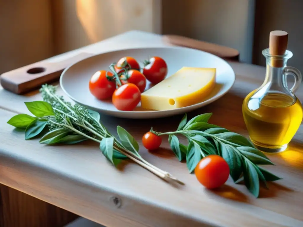 Una mesa de cocina rústica en Italia con ingredientes tradicionales