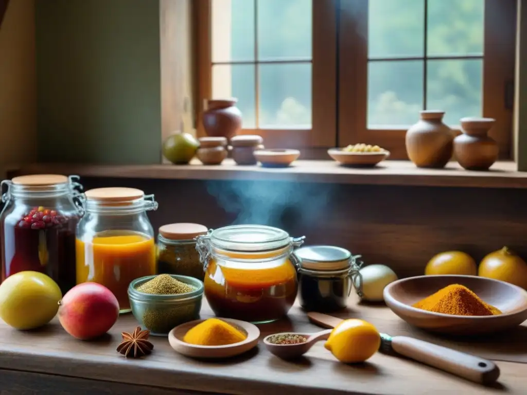 Una mesa de cocina rústica llena de frutas, especias y utensilios antiguos