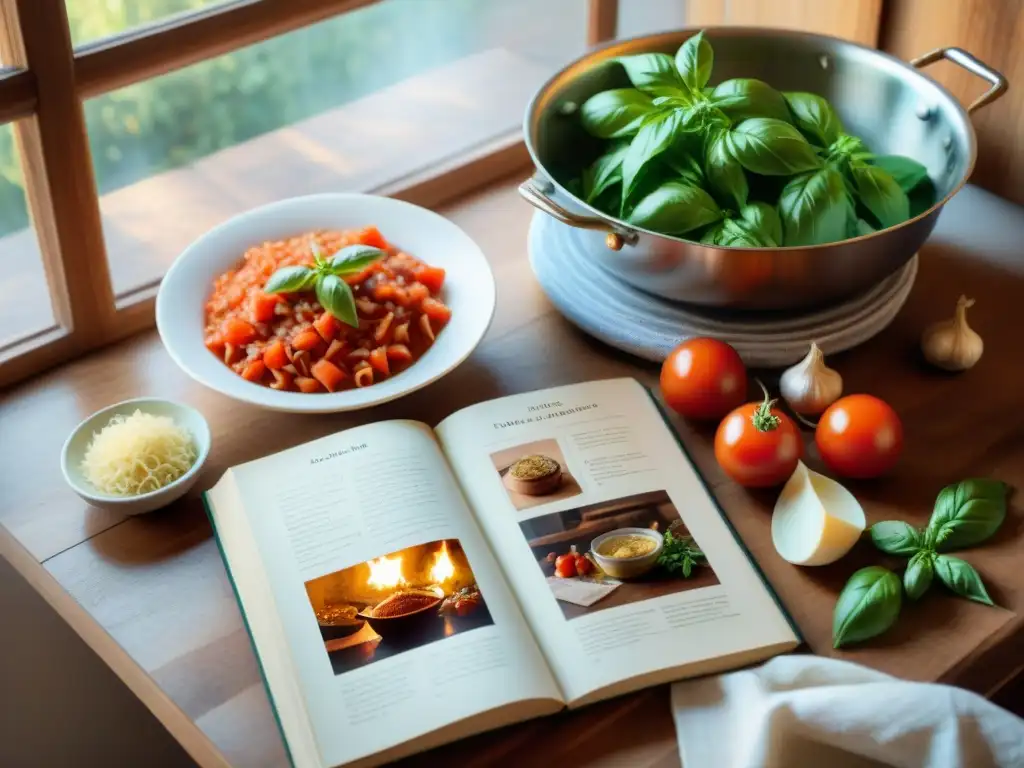 Una mesa de cocina rústica llena de libros vintage de cocina italiana, recetas escritas a mano y fotos descoloridas de platos tradicionales