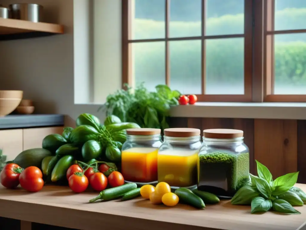 Una mesa de cocina rústica llena de verduras coloridas y una jarra de fermentación de verduras estilo italiano