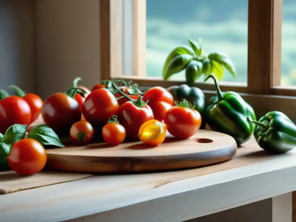 Una mesa de cocina rústica llena de tomates rojos, albahaca, ajos, pimientos y cebollas, listos para una receta auténtica salsa tomate italiano