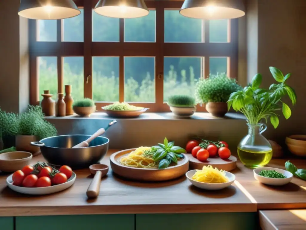 Una mesa de cocina rústica con utensilios de cocina italiana para principiantes, bañada por la luz solar